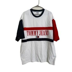 TOMMY HILFIGER TOMMY JEANS‎ T-SHIRT MENS XXL OVERSIZE LD DISTRESSED Y2K SPELLOUT